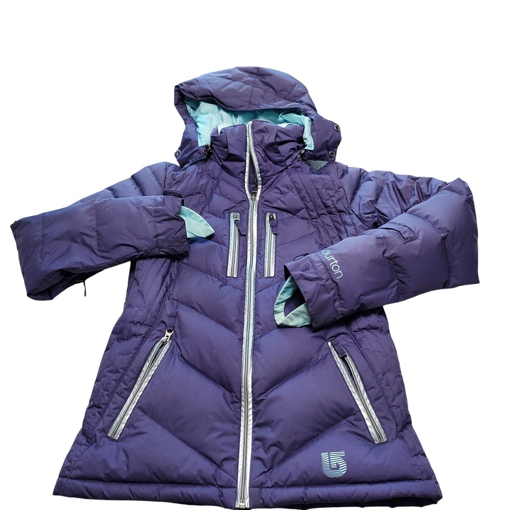 Burton Womens Snowboard Jacket Purple Quilted Down Hooded Ski Coat Pass Pocket